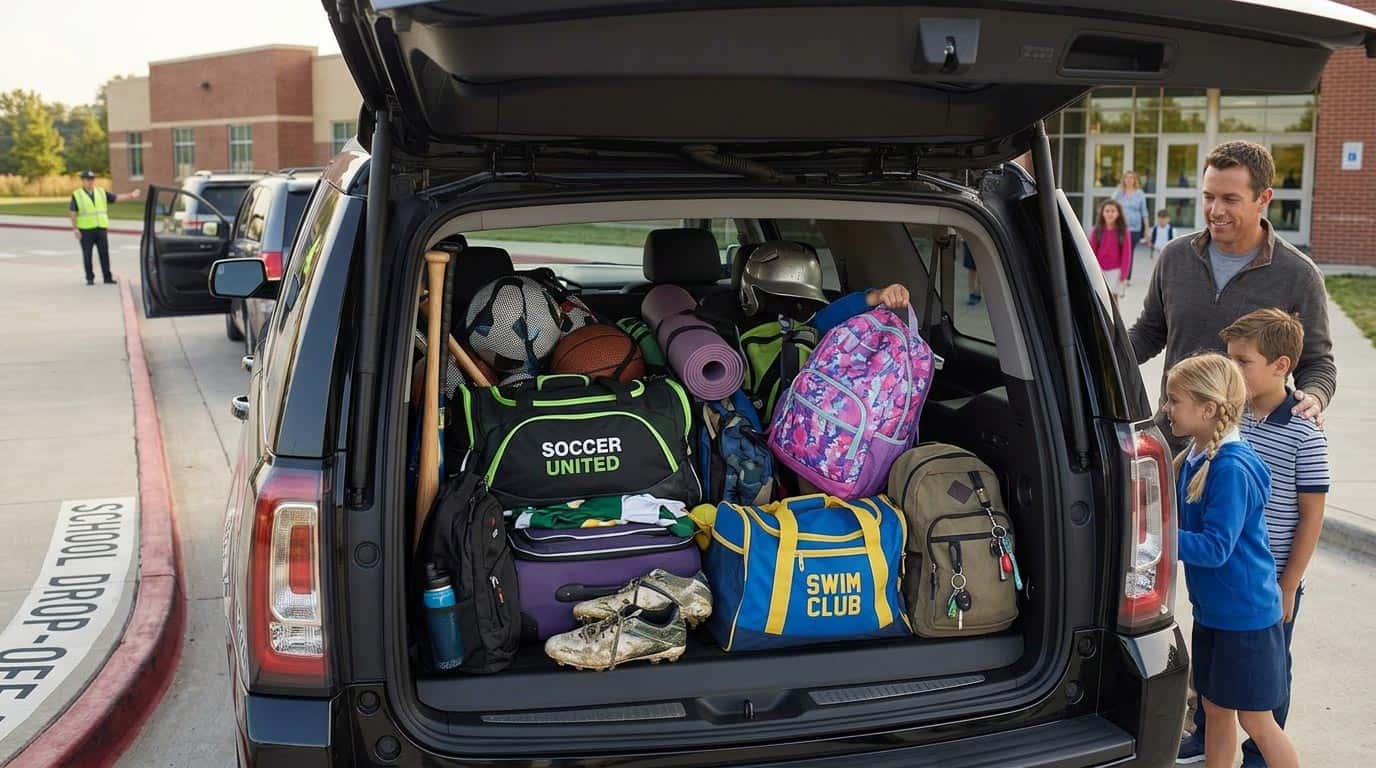 Chevrolet Suburban cargo area loaded with sports equipment and school bags