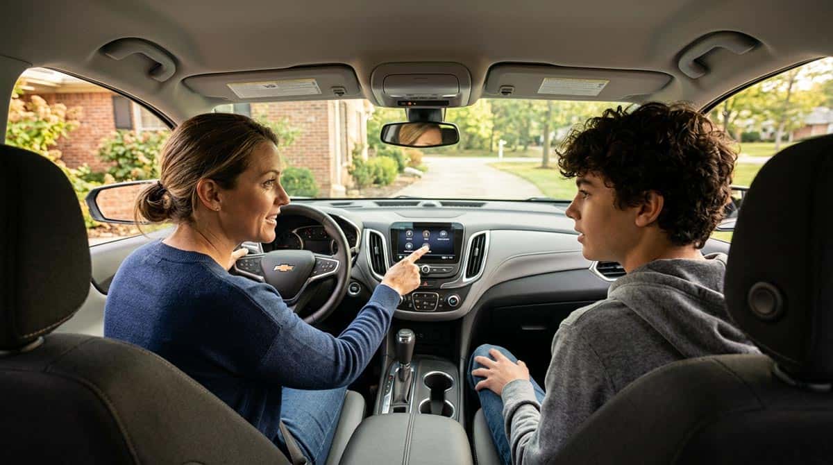 Parent showing a teen the Teen Driver settings on a Chevy infotainment screen
