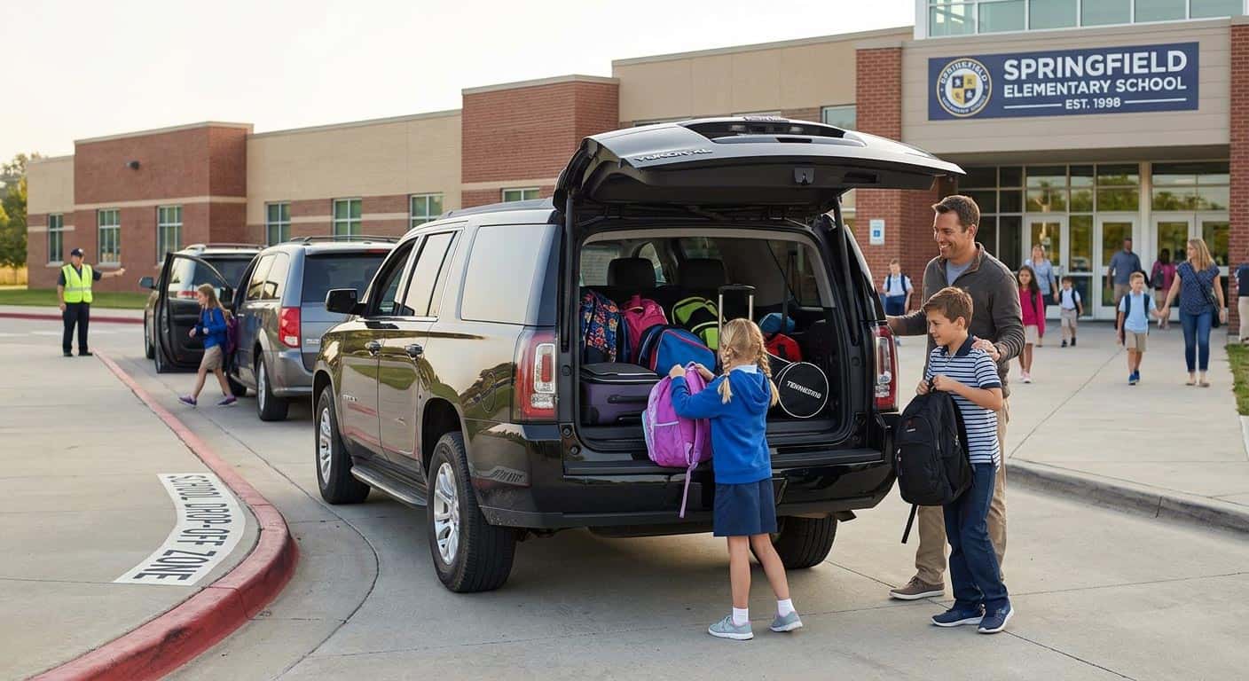 Family loading backpacks into a GMC Yukon XL at school drop-off