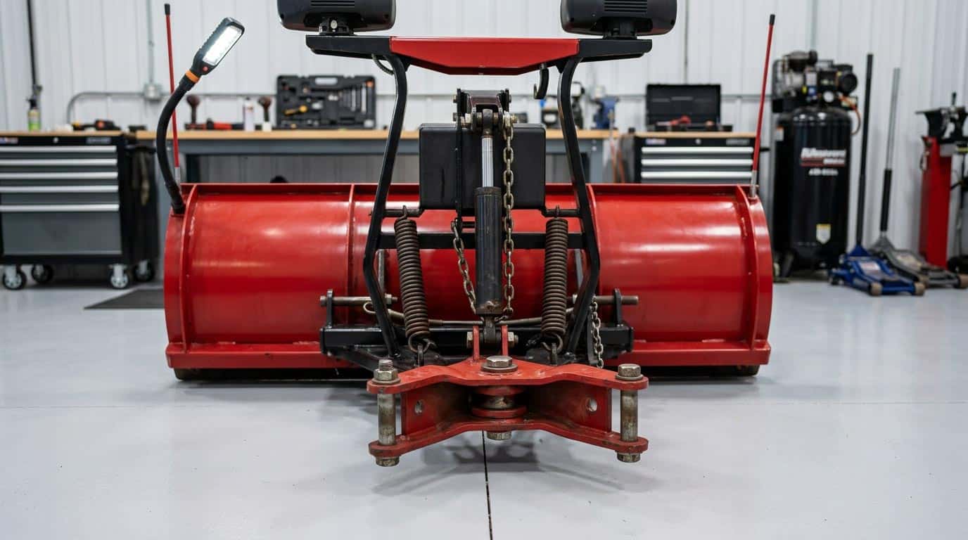 Close-up of a Western snow plow installation in a Wheelers service bay