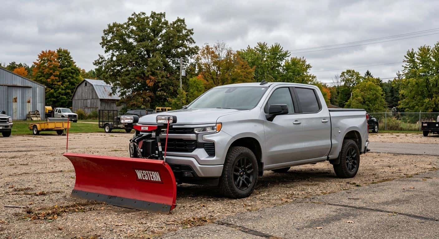 Chevy Silverado with a Western snow plow attached, prepped and ready for a Central Wisconsin winter