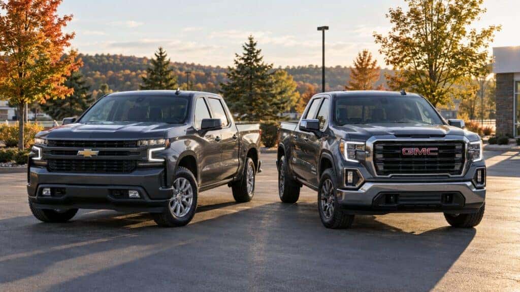 2026 Chevrolet Silverado 1500 and GMC Sierra 1500 parked side by side at a Wheelers Family Auto Group dealership in Central Wisconsin