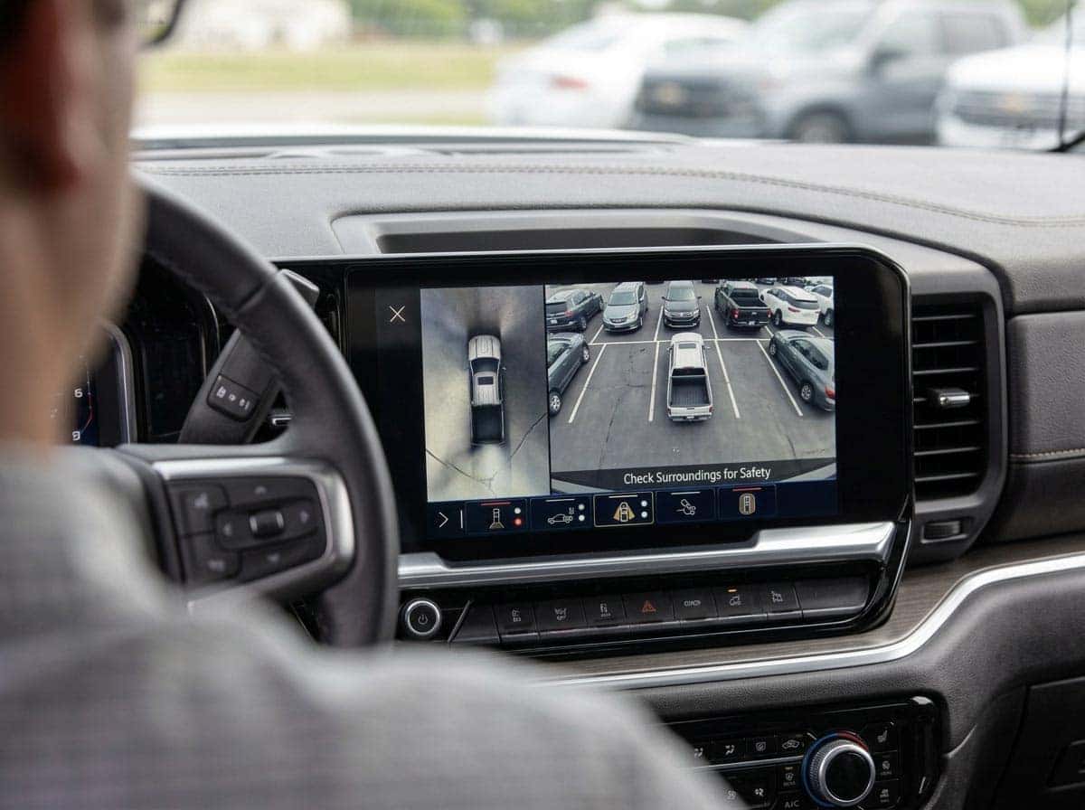 Overhead bird's-eye HD Surround Vision camera view displayed on a Chevy or GMC infotainment screen