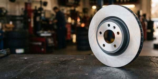 New brake rotor on a service department bench
